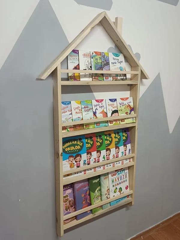 Ahşap Montessori Eğitici Çocuk Odası Çatılı Kitaplık Rafı Duvara Monte 4 Bölmeli 120 Cm X 60 Cm X 8 Cm Kal10 - Görsel 2