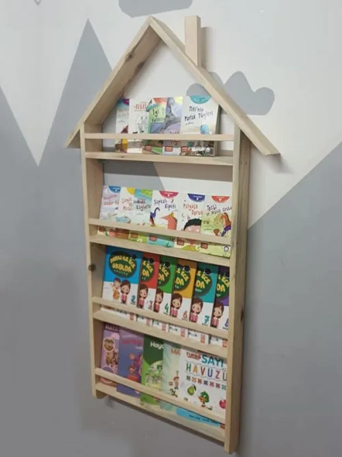 Ahşap Montessori Eğitici Çocuk Odası Çatılı Kitaplık Rafı Duvara Monte 4 Bölmeli 120 Cm X 60 Cm X 8 Cm Kal10 - Görsel 3