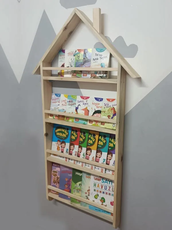 Ahşap Montessori Eğitici Çocuk Odası Çatılı Kitaplık Rafı Duvara Monte 4 Bölmeli 120 Cm X 60 Cm X 8 Cm Kal10 - Görsel 3