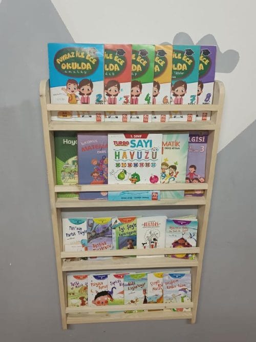 Ahşap Montessori Eğitici Çocuk Odası Kitaplık Rafı Duvara Monte 4 Bölmeli 120 Cm X 60 Cm X 8 Cm Kal10